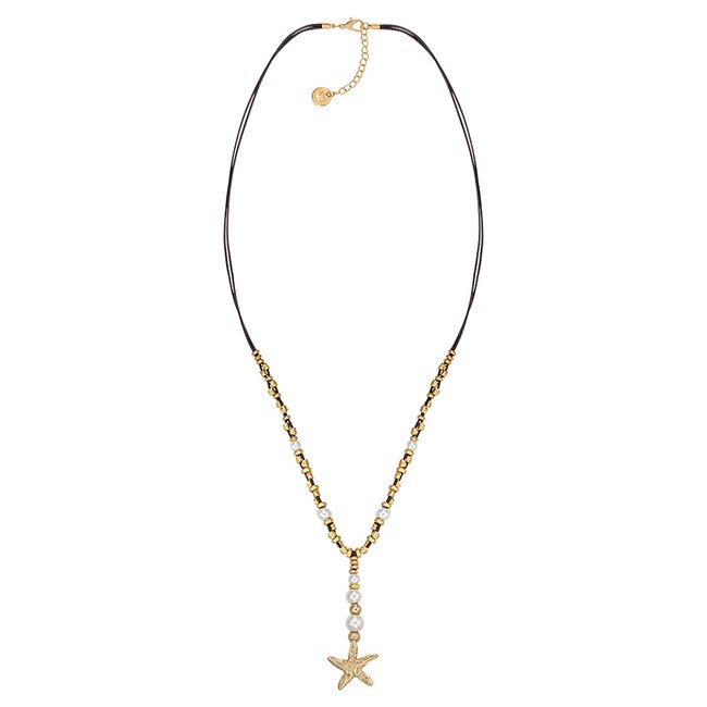 Leather long necklace - Mother-of-pearl, white/gold-coloured, N°3