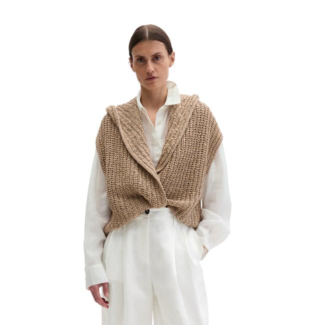Cardigan sans manches loose en fil à bandelettes beige <span itemprop=
