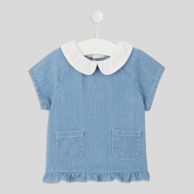 Blouse manches courtes à col en coton BIO celeste <span itemprop=
