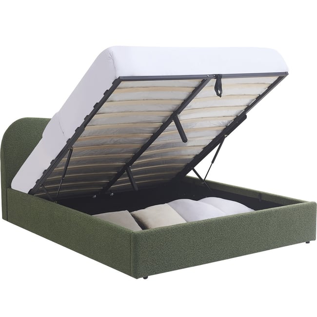 Lit coffre avec tête de lit en tissu bouclé - SUZON Couleur tissu bouclé vert <span itemprop=