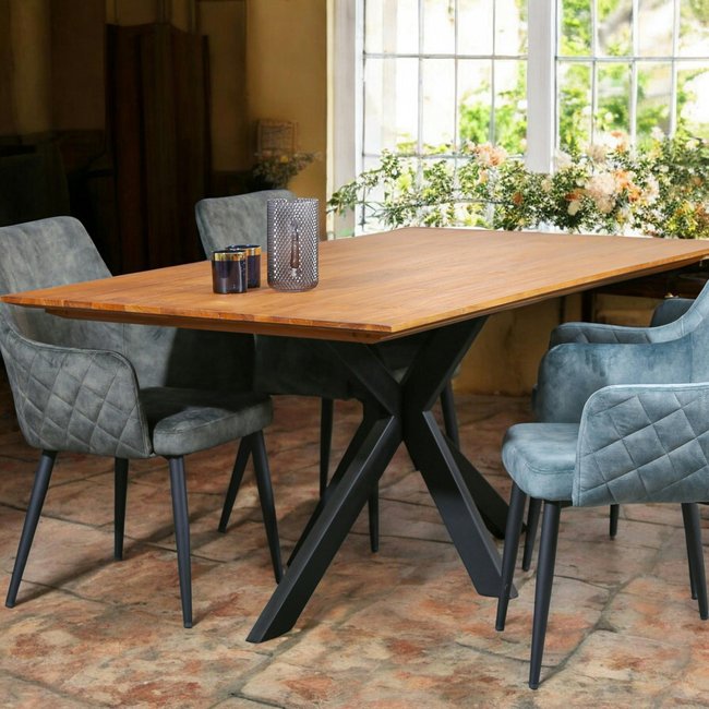Table à manger plateau bois recyclé 220 cm pied central mikado métal noir style contemporain BARBADE Couleur bois naturel <span itemprop=