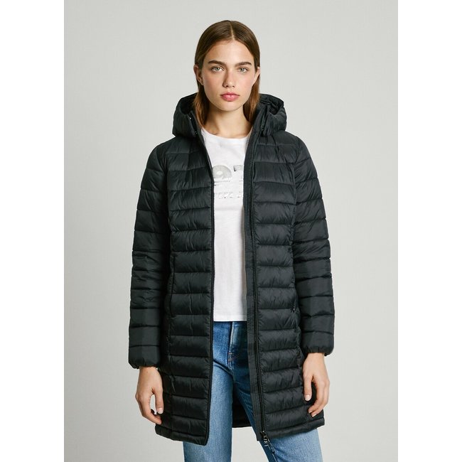Piumino leggero lungo, cappuccio removibile AMMY LONG nero PEPE JEANS