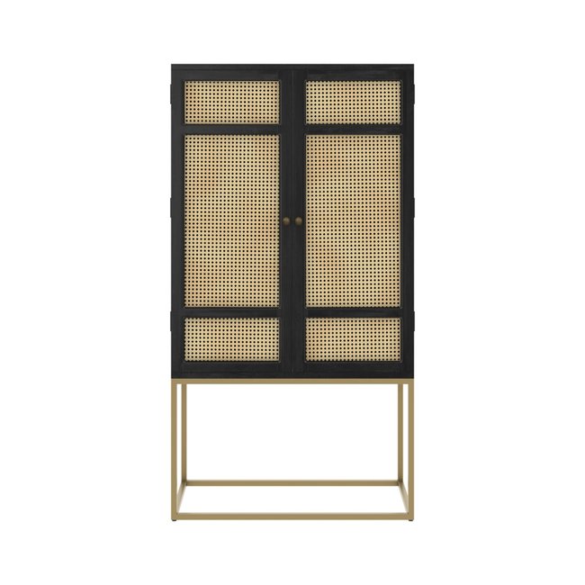 Armoire en bois et cannage 2 portes - SHELLONA Couleur noir, naturel et doré <span itemprop=