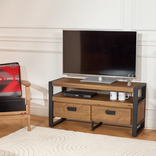 Meuble tv en pin et métal 2 tiroirs JACK Couleur bois naturel et métal noir <span itemprop=