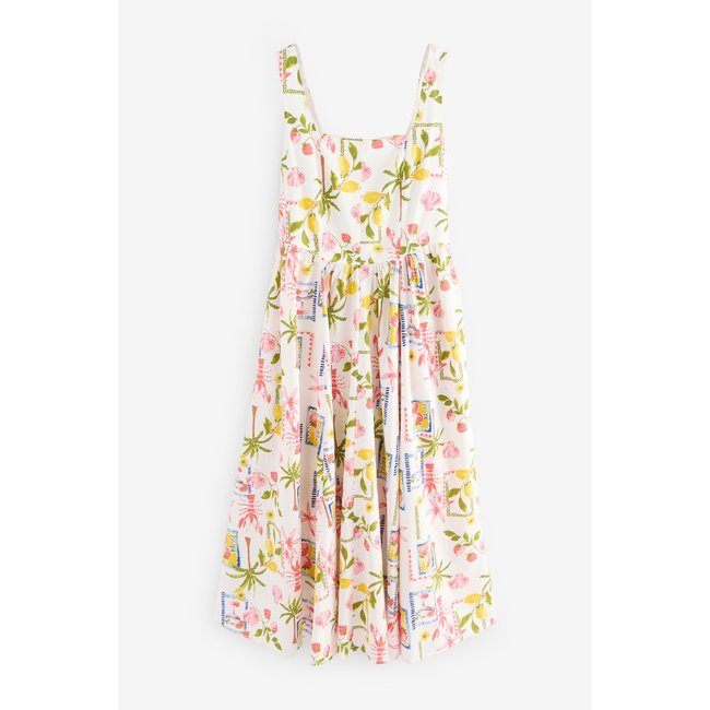 Robe midi trapèze à encolure carrée carte postale blanche <span itemprop=