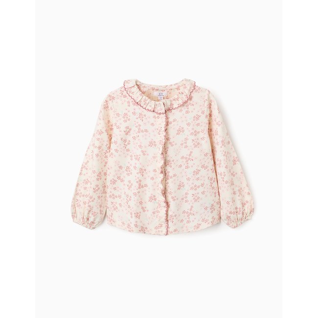 Blouse florale à manches longues et volants blanc <span itemprop=