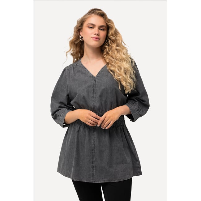 Blouse en jean à col en V et manches 3/4 chiné anthracite <span itemprop=