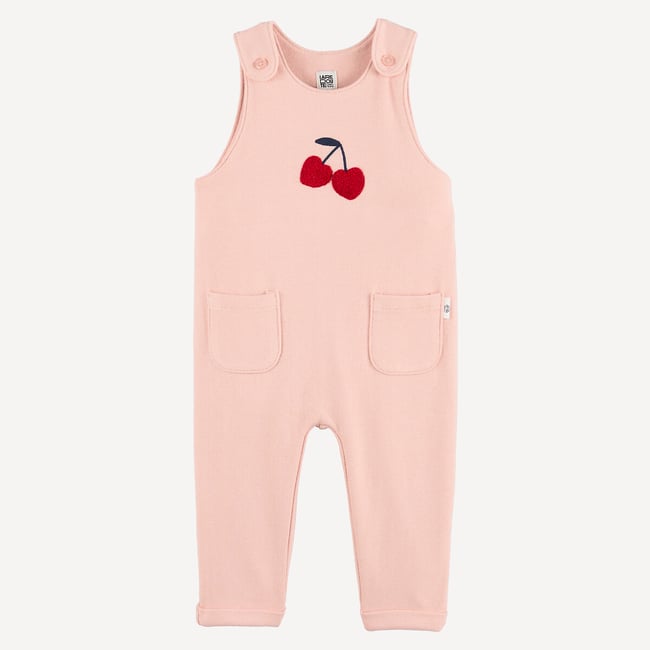 Salopette sans manches, motif cerises brodé rose <span itemprop=