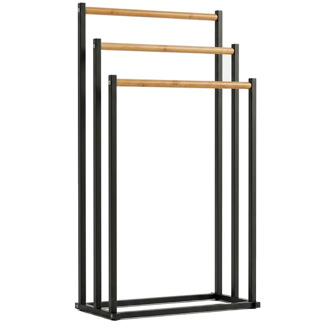 Porte-serviettes sur pied en métal noir et bambou 3 Bras 45x23x85cm Couleur v002228 <span itemprop=