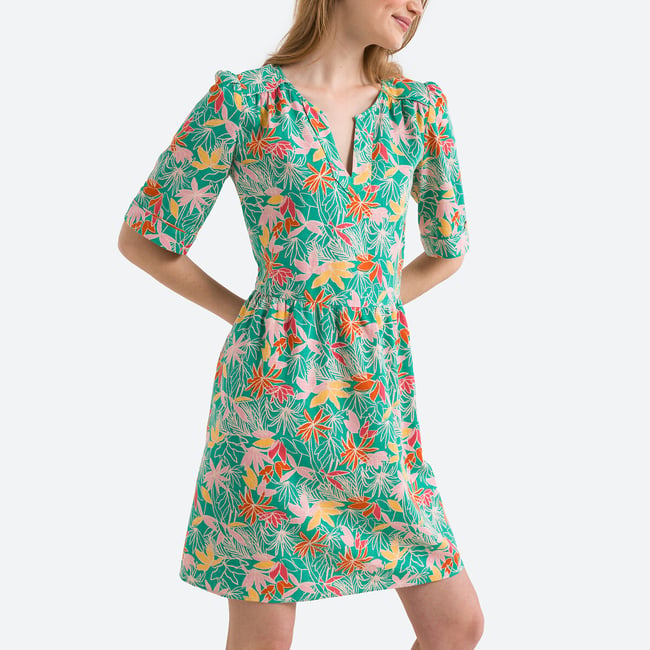 Платье короткое с принтом рисунок/зеленый фон DES PETITS HAUTS