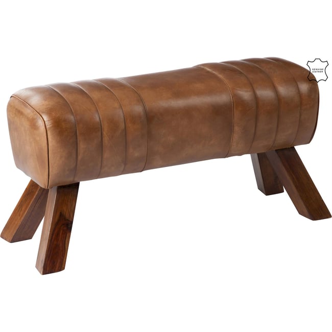 Banc de gym rectangulaire en cuir et bois Couleur cognac cuir marron bois foncé <span itemprop=