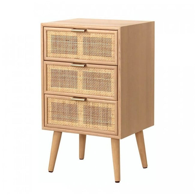 Table de chevet 3 Tiroirs Façade en Cannage Rotin Naturel - MIYA Couleur bois clair <span itemprop=