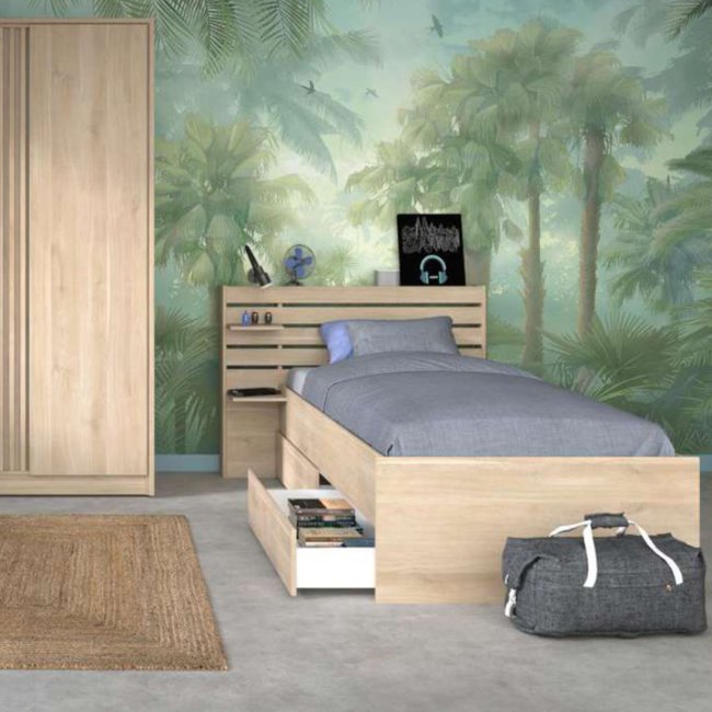 Lit enfant adaptable avec chevet et tiroirs - CLEM Couleur bois naturel <span itemprop=
