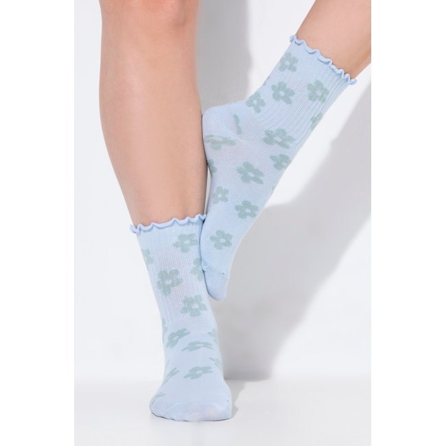 Chaussettes motif floral, tige avec ruchés bleu clair <span itemprop=