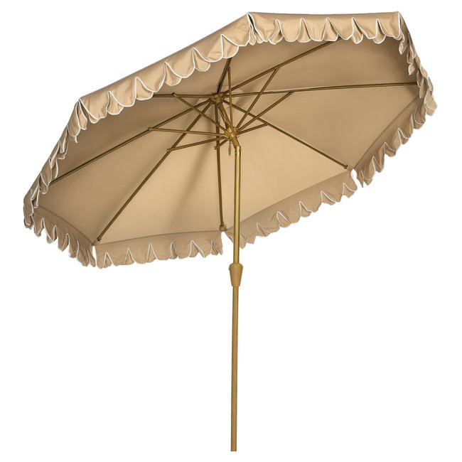 Parasol octogonal inclinable Ø 2,64 x 2,4H m acier aspect bois tissu beige <span itemprop=