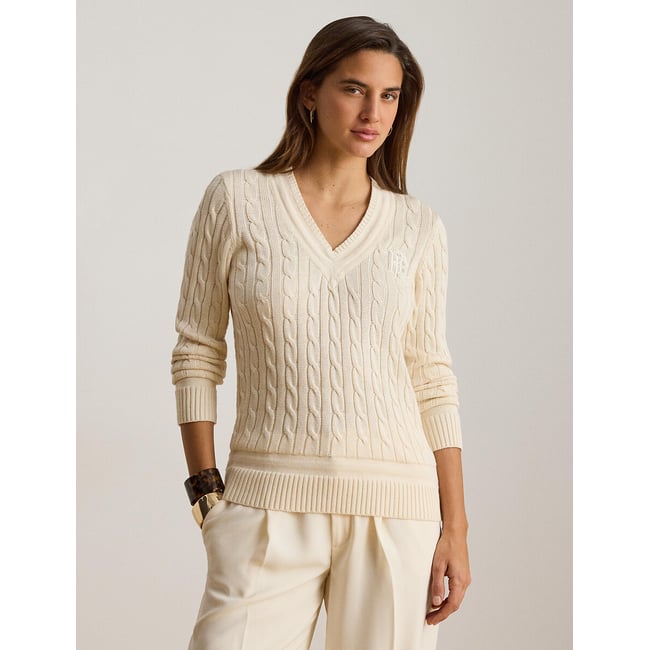 Pull col V torsadé manches longues crème <span itemprop=