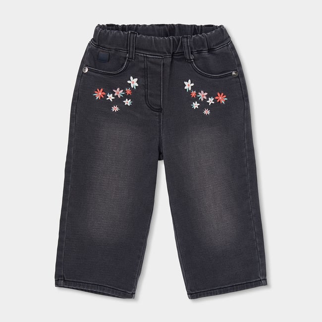 Pantalon denim fille brodé de fleurs noir <span itemprop=