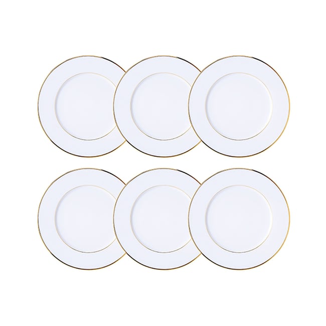 Lot de 6 assiettes à dessert 20,5cm en porcelaine, CLASSIC FILET OR Couleur blanc et or <span itemprop=