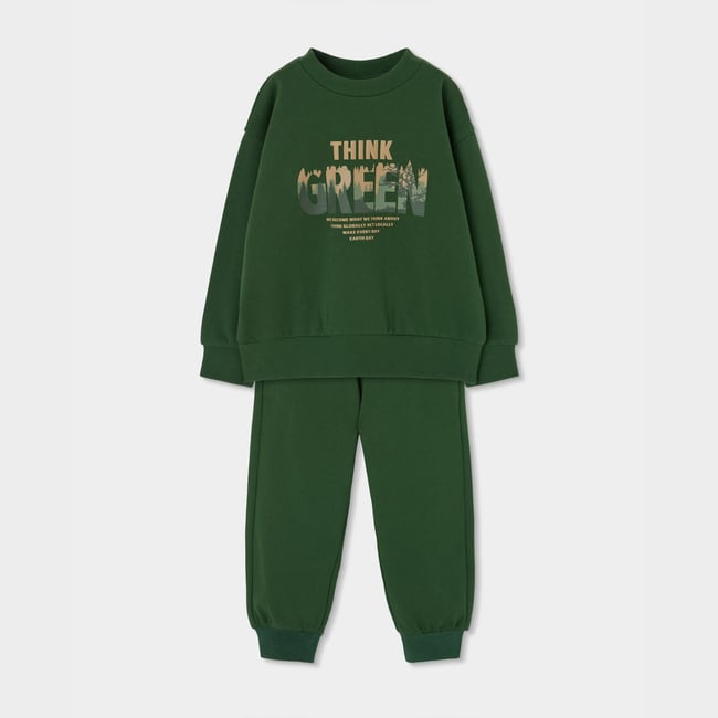 Ensemble garçon maille imprimé Think Green vert <span itemprop=