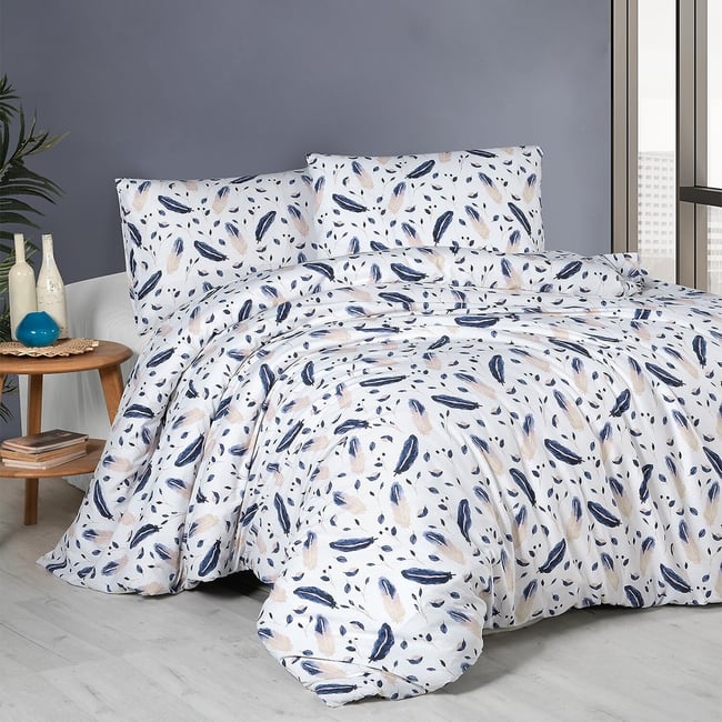 Parure housse de couette 100% coton 57 fils imprimé, Plume multicolore <span itemprop=