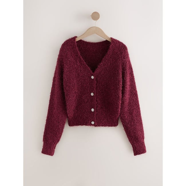Cardigan scintillant réversible à col v rouge bordeaux <span itemprop=