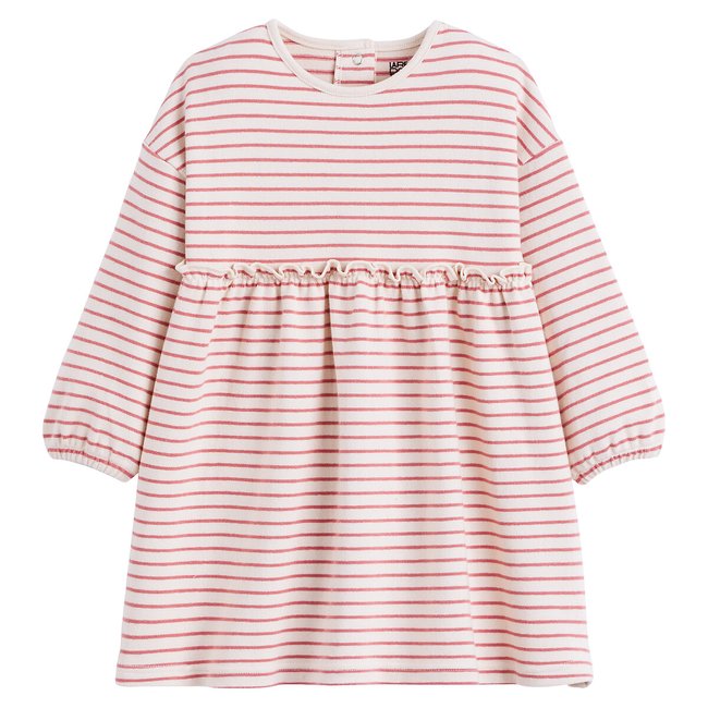 Vestido de mangas compridas às riscas, em jersey cru/rosa <span itemprop=