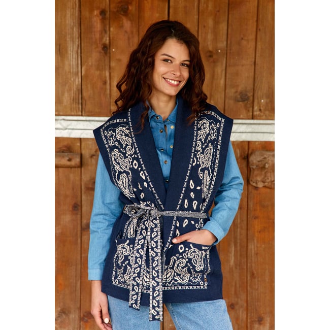 Gilet col châle imprimé jacquard MOLITOR bleu/blanc <span itemprop=