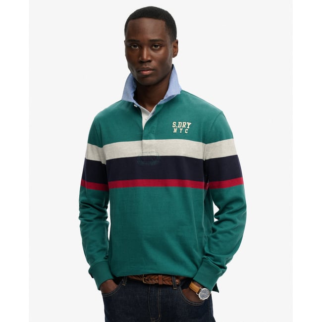 Polo de rugby à bande poitrine Vintage bande vert pacifique sur la poitrine <span itemprop=