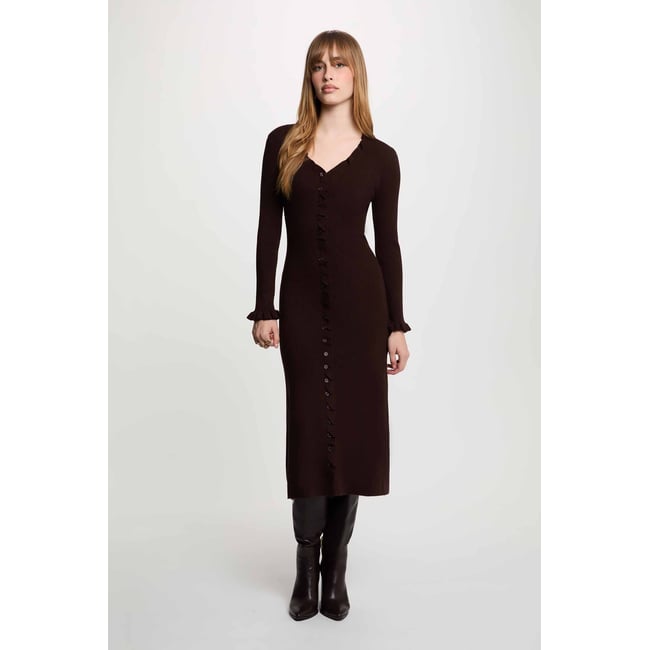 Robe tricot longue col v marron foncé <span itemprop=