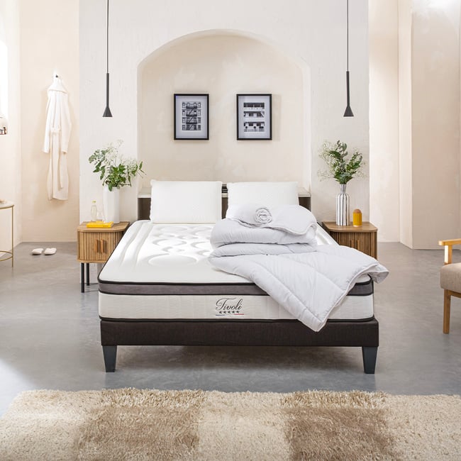 Pack prêt à dormir Tivoli - Matelas + Sommier + Couette, oreillers, protège-matelas - 25 cm d'épaisseur Couleur blanc <span itemprop=