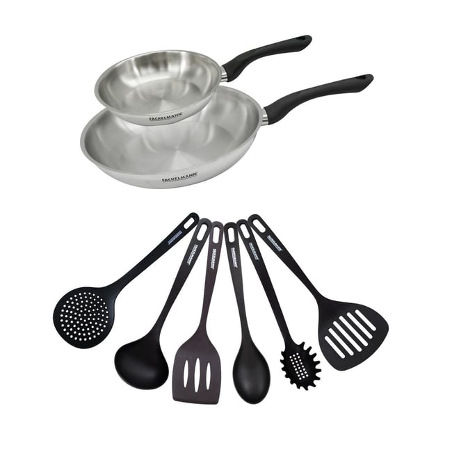 Set 2 poêles 20 et en inox et 6 ustensiles GENEVA inox|noir <span itemprop=