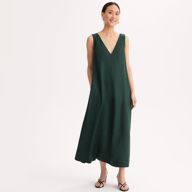 Robe sans manches longueur midi en lin et viscose vert foncé <span itemprop=