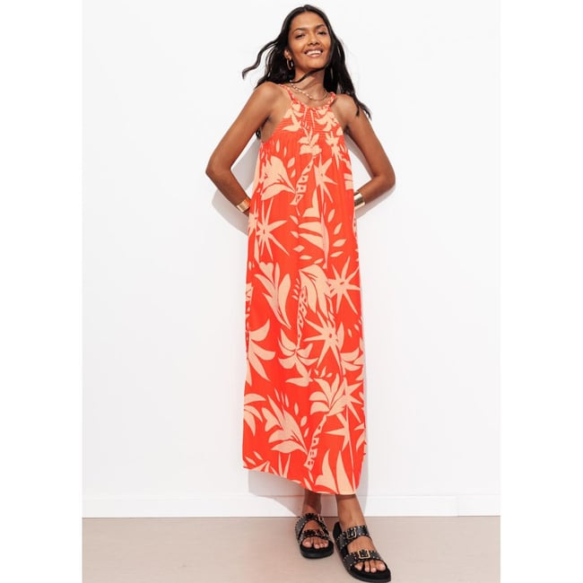Robe longue fluo à bretelles rayures roses <span itemprop=