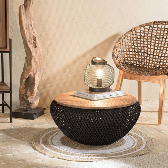 Table basse coffre ronde rotin noir et teck recyclé 66 cm SWING Couleur noir <span itemprop=