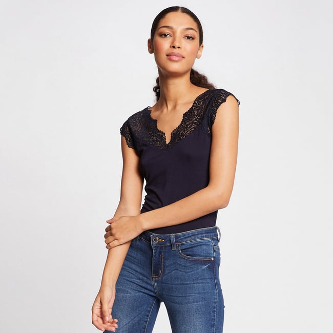 Lot De 2 Débardeurs Femme BODYPERFECT - Coton 100%, Col V Dentelle, Épaules Larges - Fabriqué En Italie