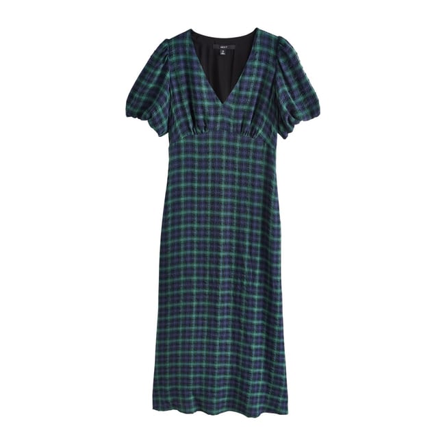 Robe mi-longue à col v et manches bouffantes carreaux verts/marines <span itemprop=
