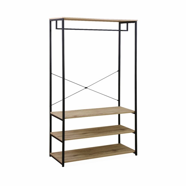 Meuble d'entrée métal et décor bois 3 niveaux avec barre de penderie LOFT Couleur naturel <span itemprop=
