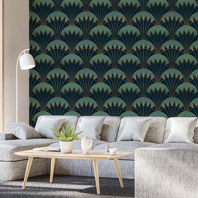 Papier peint, eventail art deco Couleur bleu <span itemprop=