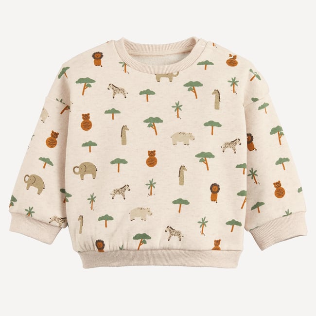 Sweat avec col rond pressionné, imprimé savane, en molleton beige chiné <span itemprop=