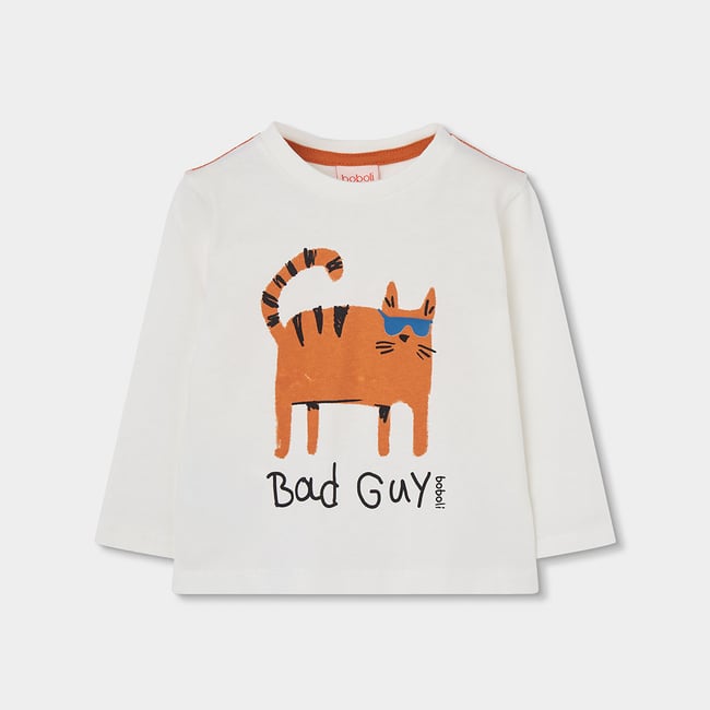 T-shirt en maille garçon imprimé chat blanc <span itemprop=