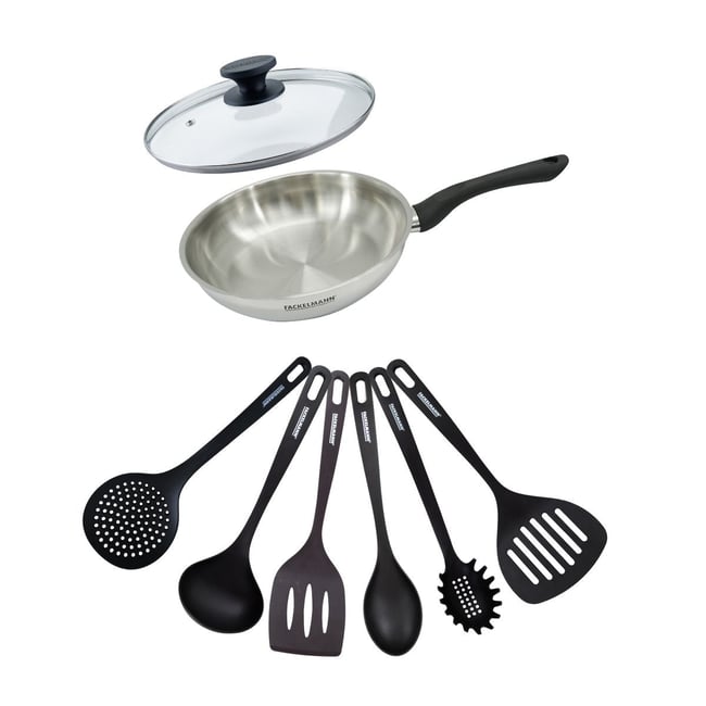Set poêle 24 cm en inox, couvercle verre et 6 ustensiles GENEVA inox|noir <span itemprop=