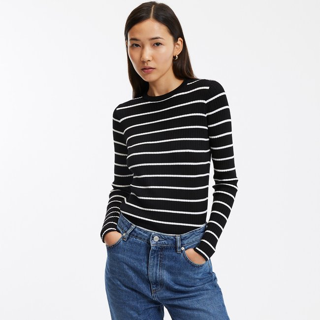 Pull col rond rayé maille viscose mélangée côtelée rayé noir/ivoire <span itemprop=