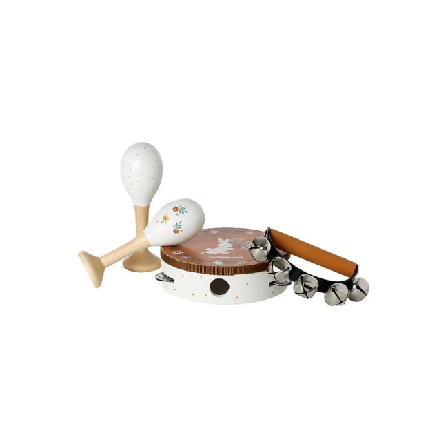 Set 3 instruments : maracas, tambourin, grelots rose <span itemprop=