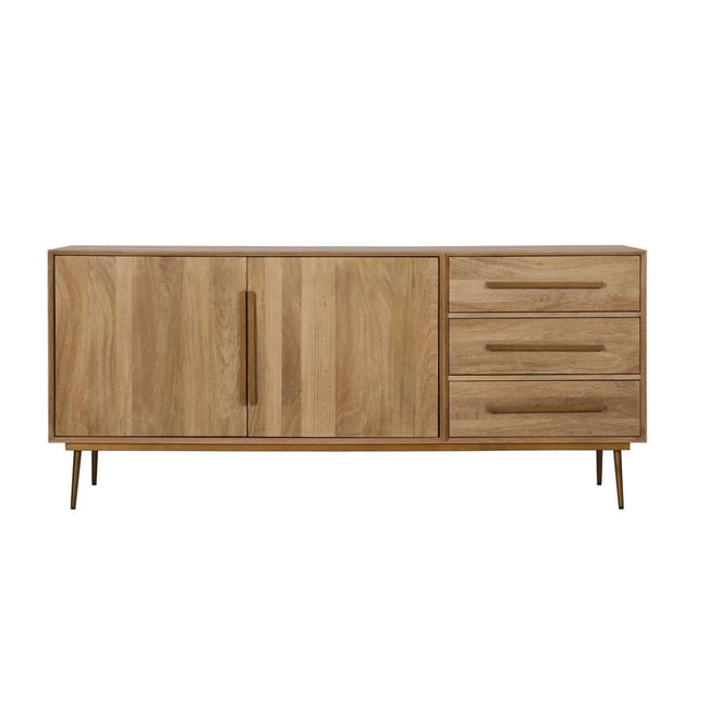 Buffet bas en bois massif 2 portes 3 tiroirs 180 cm, BRUGES Couleur marron clair <span itemprop=