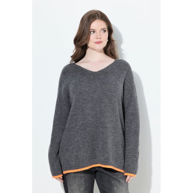 Pull manches longues et col en V gris graphite <span itemprop=