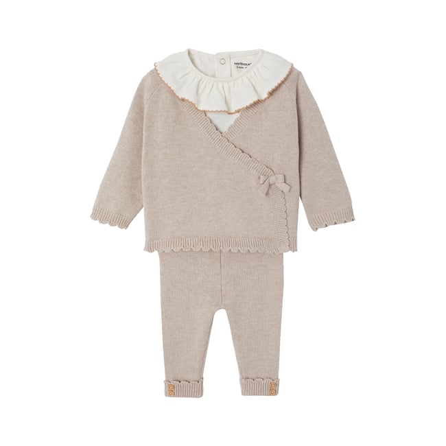 Ensemble 3 pièces naissance tricot beige chiné <span itemprop=