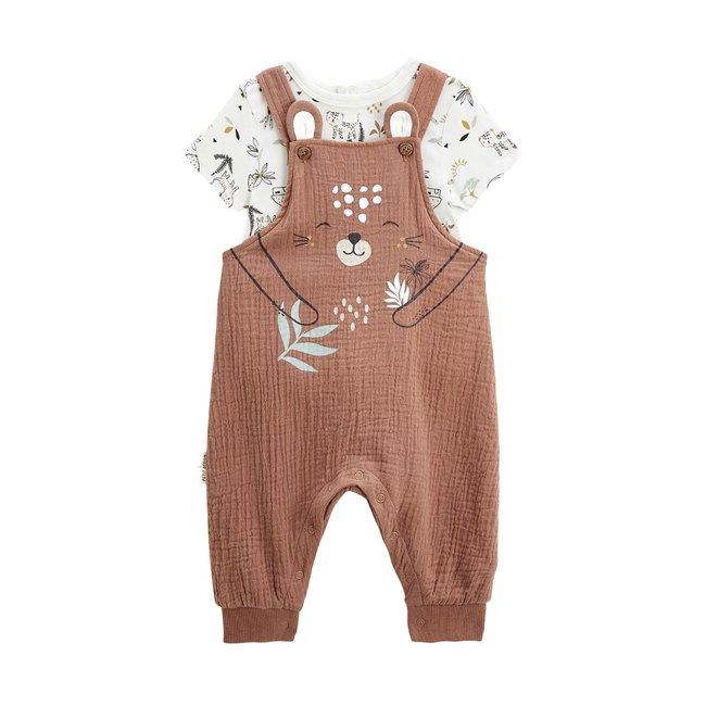 Ensemble salopette bébé en gaze de coton et t-shirt Yao marron <span itemprop=