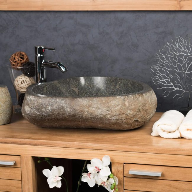 Grande vasque en pierre naturelle ovale galet de riviere 50 gris <span itemprop=