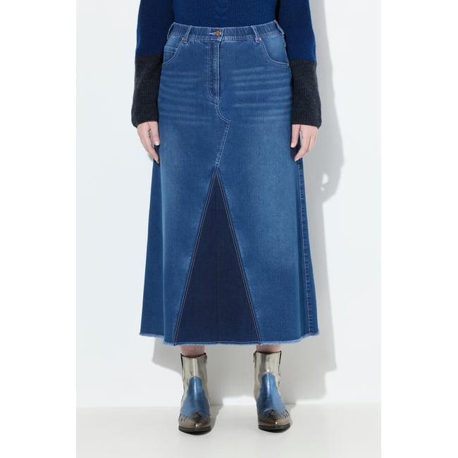 Jupe en jean, denim stretch et ourlet frangé bleu jean <span itemprop=