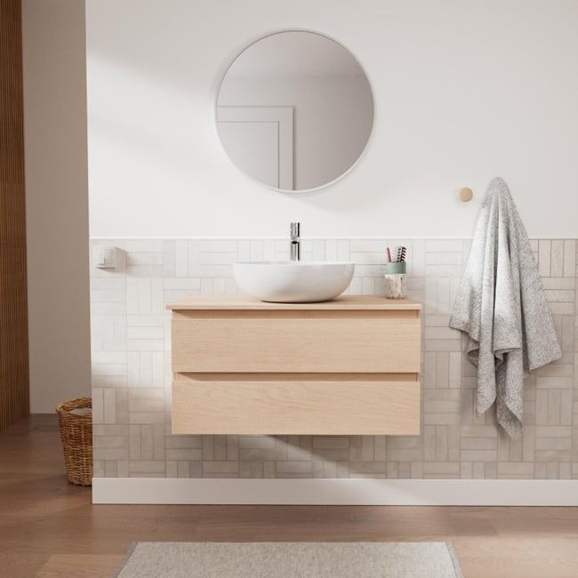 Ensemble meuble simple vasque 80 cm + vasque + robinet + miroir SORRENTO Couleur chêne - mdf - brillant <span itemprop=